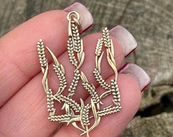 Ukrainian Spikelets Tryzub Pendant – Wheat Trident Amulet in Silver, Bronze, or 14K Gold