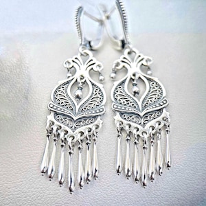 Boho Tribal Statement Earrings - Long Silver Dangle Earrings - Ethnic Festival Jewelry for Women
