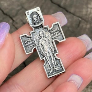 Two-Sided Orthodox Cross Pendant • 925 Sterling Silver Crucifix & Archangel Michael Necklace • Christian Protection Gift for Him or Her
