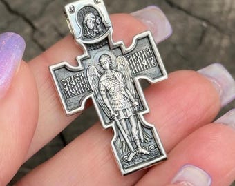 Two-Sided Orthodox Cross Pendant • 925 Sterling Silver Crucifix & Archangel Michael Necklace • Christian Protection Gift for Him or Her
