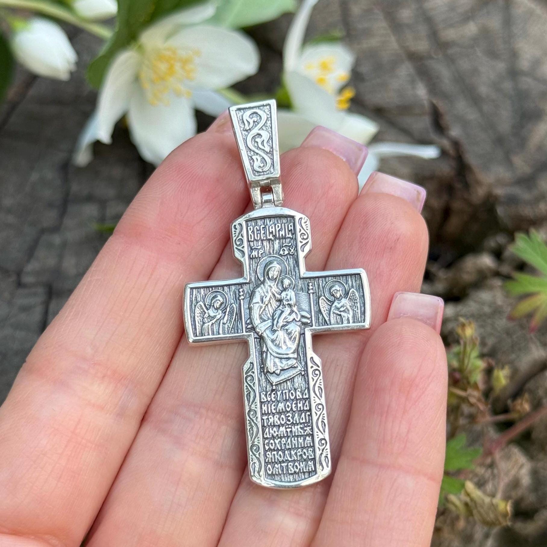 Two-sided Orthodox Cross Necklace • Sterling Silver Crucifix With