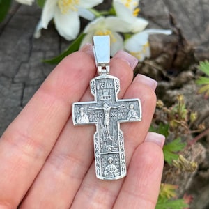 Two-Sided Orthodox Cross Necklace • Sterling Silver Crucifix with Saints and Virgin Mary • Christian Religious Pendant for Men