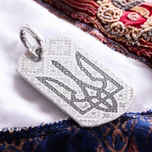 Ukrainian silver Military tag token embroidery trident pendant tryzub necklace