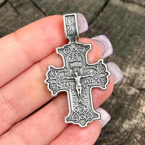Christian Orthodox Cross Necklace • Jesus Cross Pendant for Men • Sterling Silver Religious Jewelry • Eastern Christian Gift