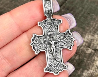Christian Orthodox Cross Necklace • Jesus Cross Pendant for Men • Sterling Silver Religious Jewelry • Eastern Christian Gift