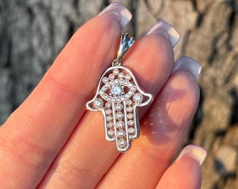 Sterling Silver Hamsa Necklace with Cubic Zirconia — Protective Amulet Jewelry — Spiritual Gift for Men & Women