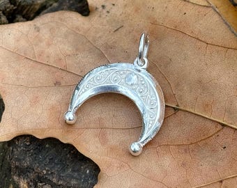 Enamel Moon Amulet Necklace – Sterling Silver Lunula Pendant, Ancient Lunar Talisman Jewelry, Protective Moon Necklace for Women