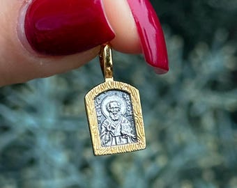 Saint Nicholas Gold Plated Silver Pendant - Handcrafted Christian Necklace, Patron Saint of Gifts, Christmas Religious Jewelry