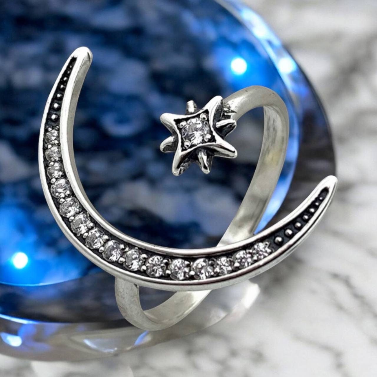 Open Adjustable Crescent Moon and Star Ring - Sterling Silver
