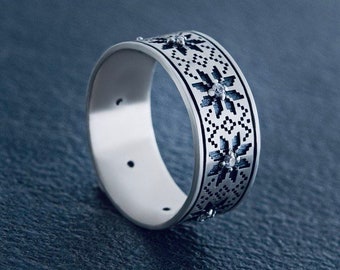 Ukrainian Heritage Ring - Traditional Ornament Embroidery in Silver with fianites