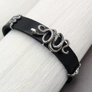 Leather Bracelet with Silver Snake - Elegant Snake Charm Wristband, Serpent Bracelet