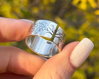Anel ajustável de prata esterlina da árvore da vida – Anel de casamento viking feito à mão com faixa larga