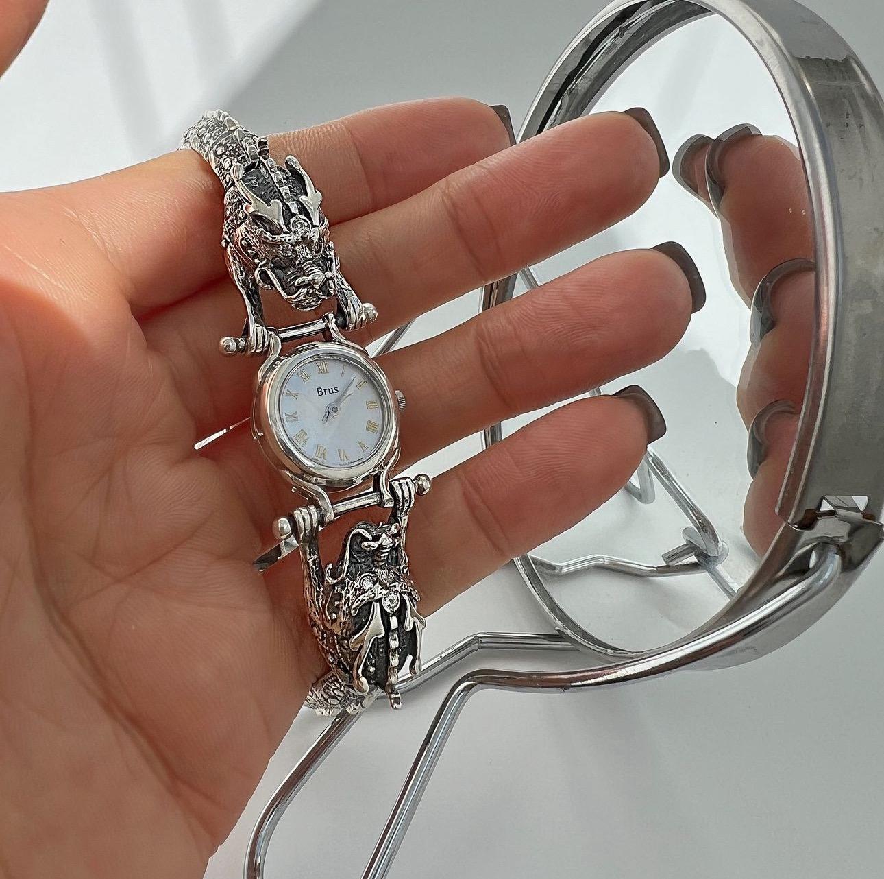 Sterling Silver Dragon Marcasite Womens Watch 20mm Red Stone New Battery 6.75\