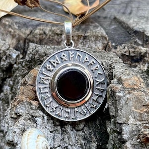Viking Rune Amulet – Elder Futhark with Onyx | Sterling Silver with Gold Plating