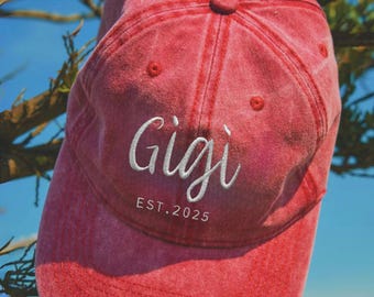 Personalizowana haftowana czapka Gigi, spersonalizowana czapka Mama Babcia Mommy Nana z datą, zabytkowa czapka baseballowa, prezent dla młodej mamy, taty, babci i dziadka