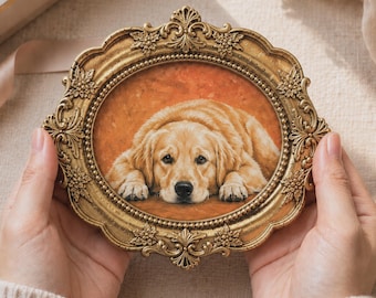 Mini Custom Acrylic Pet Portrait, Personalized Dog or Cat Portrait from Photo, Gold Vintage Frame, Hand Painted Pet Art, Pet Memorial Gift