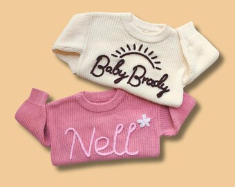 Personalized Baby Name Hand Embroidered Sweater, Baby Shower Gift, Custom Knit Kid Sweater, Newborn Gift, Name Knit Sweater, Gift for kids