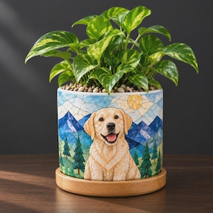May include: A cylindrical ceramic planter featuring a mosaic-style illustration of a golden retriever dog against a backdrop of blue mountains, green pine trees, and a yellow sun. The planter sits on a circular wooden base and holds a green plant.