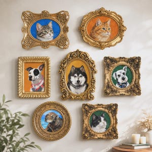 May include: A collection of seven ornate gold-toned frames containing individual portraits of various cats and dogs. The portraits feature a tabby cat, an orange cat, a black and white dog, a husky, a white dog, a brown dog, and a black and white cat.