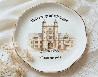Custom University Trinket Tray Plat, Personalized College Ceramic Jewelry Ring Dish, Class of 2026 Graduation Gift, Grad Gifts For Daughter