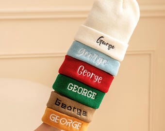 Niestandardowa haftowana dziecięca czapka Beanie, prezent świąteczny dla niej/dziecka, czapka Beanie dla noworodka, czapka unisex dla malucha, czapka z imieniem dla dzieci, prezent na baby shower