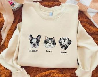 Bluza z haftem dla zwierząt, spersonalizowany portret psa, bluza z kapturem, koszulka z kotem, spersonalizowana bluza, czapka dla mamy psa, prezent urodzinowy dla miłośnika psów