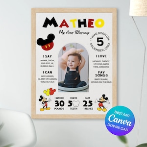 Mickey Mouse First Birthday Milestone Board Boy Mickey 1st Birthday Party Decoration Milestone Sign Digital Printable Editable Template