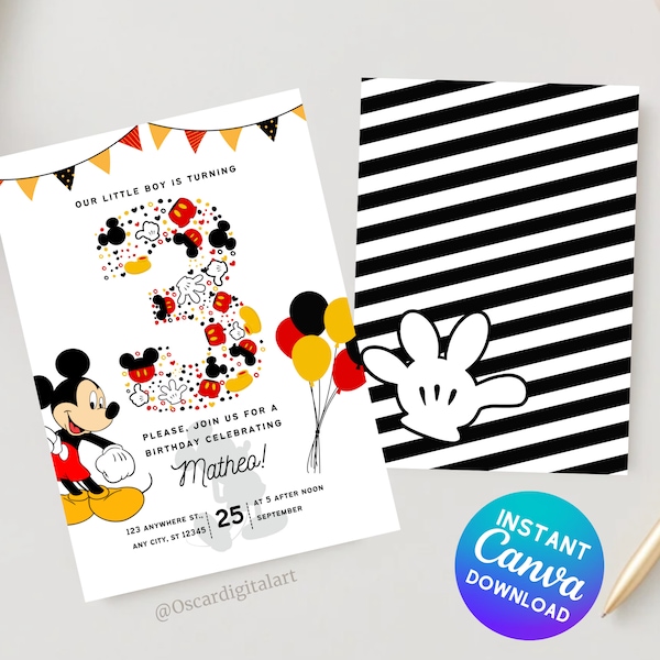 Editable Mickey 3rd Birthday Invitation Canva Template, Printable Birthday Party Invitation, Digital Kids Party Template | instant download