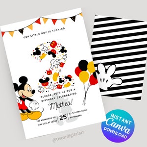 Editable Mickey mouse 2nd Birthday Invitation Canva Template, second birthday Printable Birthday Party Invitation | instant download