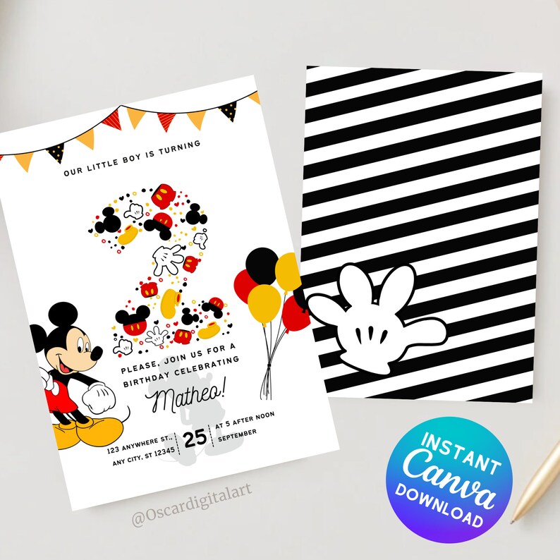 Editable Mickey Mouse 2nd Birthday Invitation Canva Template - Etsy