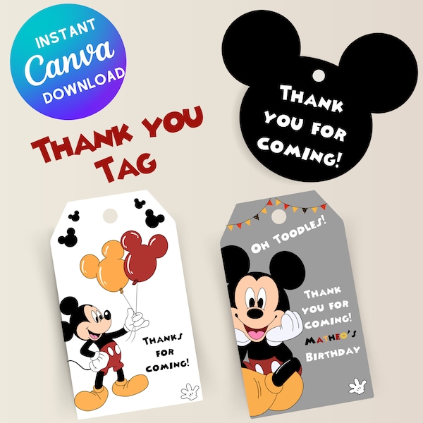 Editable Mickey Mouse  Instant Download Favor Tag, Mickey Mouse Gift Thank You Tag, Mickey Mouse Birthday Party Favor Tag