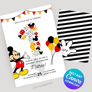 Editable Mickey 1st Birthday Invitation Canva Template, Printable Birthday Party Invitation, Digital Kids Party Template | instant download