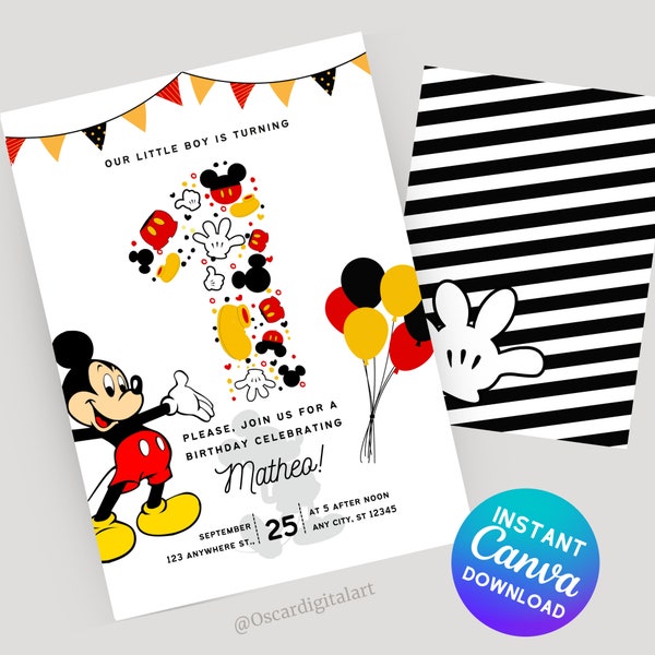 Editable Mickey 1st Birthday Invitation Canva Template, Printable Birthday Party Invitation, Digital Kids Party Template | instant download