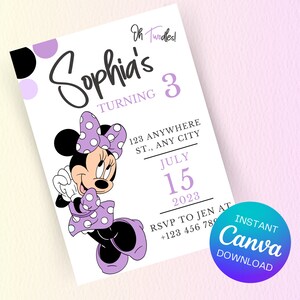 Modello modificabile di invito di compleanno di Minnie Mouse, inviti per feste di compleanno di Minnie, invito a feste digitali per bambini, download istantaneo