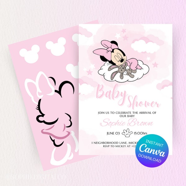 Bearbeitbare Minnie Baby-Dusche-Einladung, Minny Maus-Geburtstags-Party, Cute Invite Digital Babyshower Invite | Sofort-Download