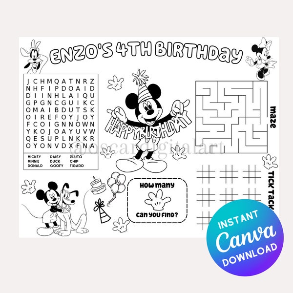 Mickey birthday party coloring sheet | mickey party | mickey mouse favor | kids activity sheet | Personalized | Instant Download