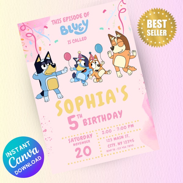 Editablee  Dog Birthday Girl Invitation, Custom Birthday Party Invite, Editable Template Canva | Instant download