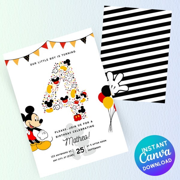 Editable Mickey 4th Birthday Invitation Canva Template, Printable Birthday Party Invitation, Digital Kids Party Template | instant download