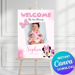 Bewerkbare Minnie Mouse verjaardag welkom poster 18 x 24. Bewerkbare aangepaste Minnie Mouse-feestsjabloon