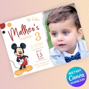 Bewerkbare Mickey Mouse verjaardagsuitnodiging met foto Digitale uitnodiging Mickey Mouse clubhuis uitnodiging
