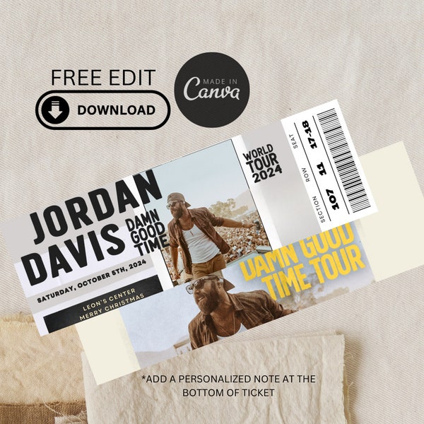 Jordan Davis, Editable Concert Ticket Gift, Damn Good Time World Tour, Editable Concert Ticket, Country Concert 2024