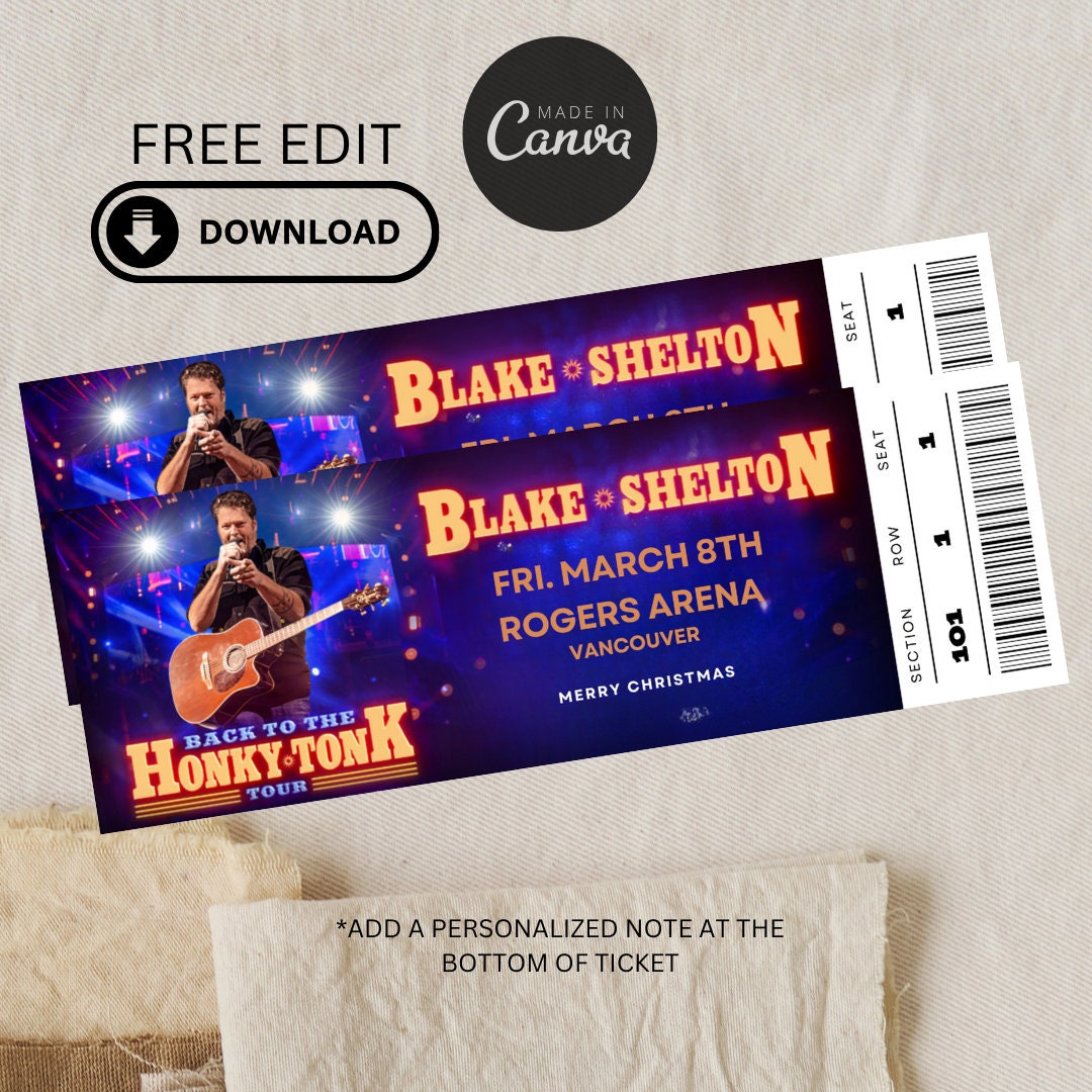 Editable Blake Shelton Concert Ticket, Back to the Honky Tonk Tour