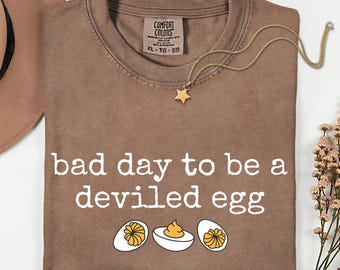 May include: Brown t-shirt with the phrase "bad day to be a deviled egg" in white text. The shirt features a graphic of deviled eggs. A gold star pendant necklace rests on the shirt.