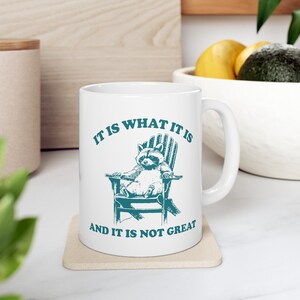 May include: White ceramic mug with a teal design featuring a raccoon sitting in a chair. The text on the mug reads "It is what it is and it is not great."