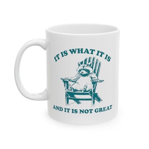 May include: White ceramic mug with a teal design featuring a raccoon sitting in a chair with the text "It is what it is and it is not great."