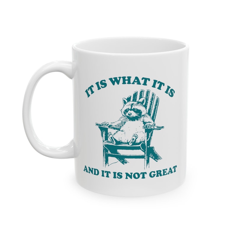 May include: White ceramic mug with a teal design featuring a raccoon sitting in a chair with the text "It is what it is and it is not great."