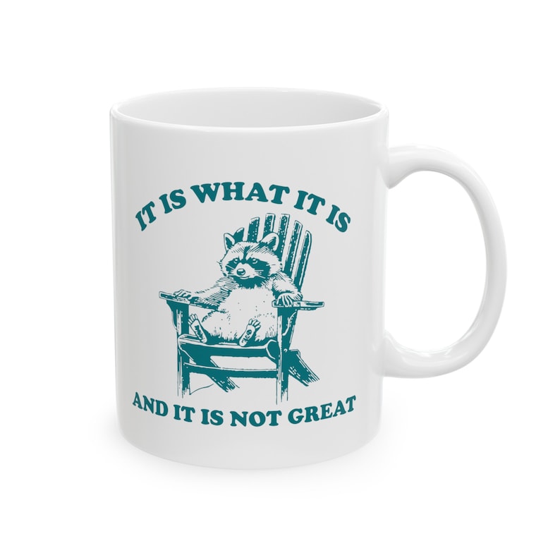 May include: White ceramic mug with a teal design featuring a raccoon sitting in a chair and the text "It is what it is and it is not great."