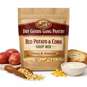 May include: A package of Red Potato & Corn Soup Mix from Dry Goods Gang Pantry, with the text "Hearty & Gomestyle". The image includes red potatoes, a wooden scoop, a bowl of cream, corn kernels, and a slice of bread.