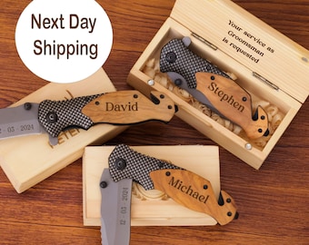 Fathers Day Gift, Engraved Pocket Knife, Groomsmen Proposal Knife with Wooden Box, Best Men Gifts, Gift for Wedding Anniversary Husband