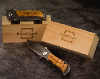 Pocket Knife with Wooden Box, Gift for him or her on Anniversary, Birthday, or Christmas. Functional Hunting Knife, Best Groomsmen
